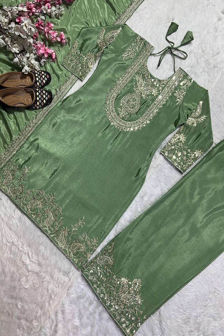 green designer embroidered kurta set