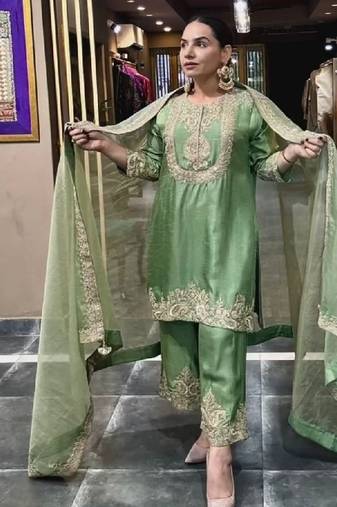 green designer embroidered kurta set
