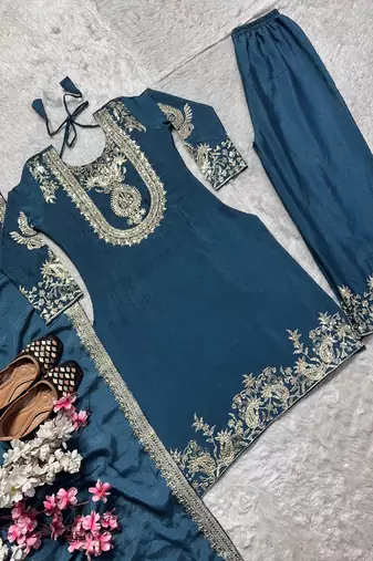 blue designer embroidered kurta set