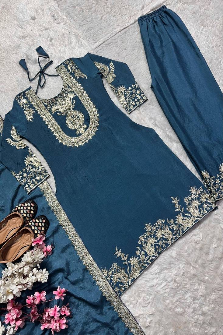 blue designer embroidered kurta set