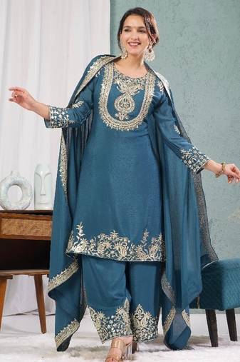 blue designer embroidered kurta set