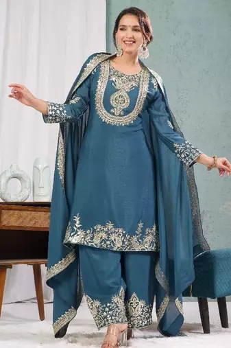 blue designer embroidered kurta set