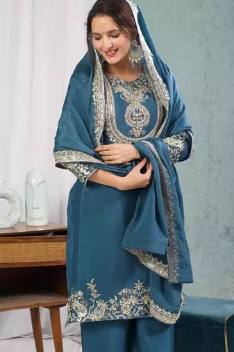 blue designer embroidered kurta set