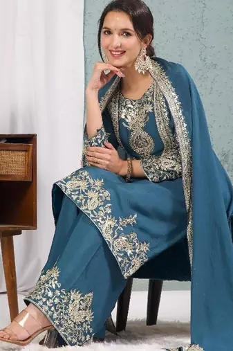 blue designer embroidered kurta set