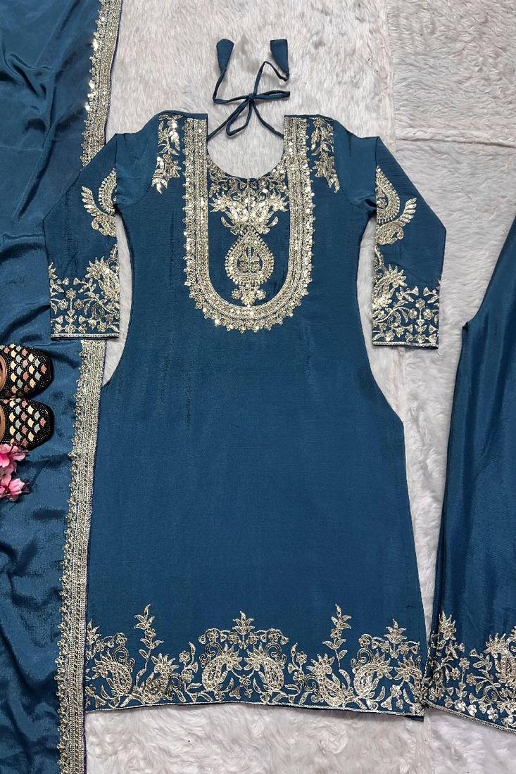 blue designer embroidered kurta set