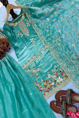 Teal blue embroidered salwar suit 1