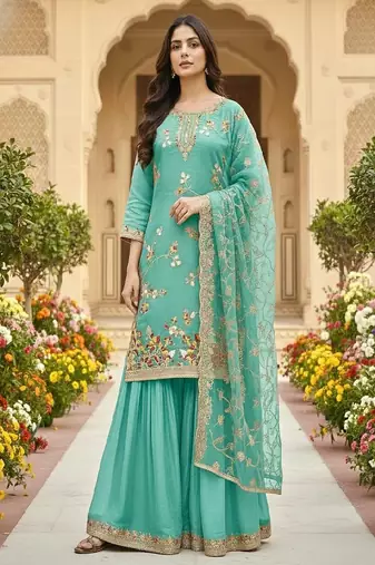 Teal blue embroidered salwar suit