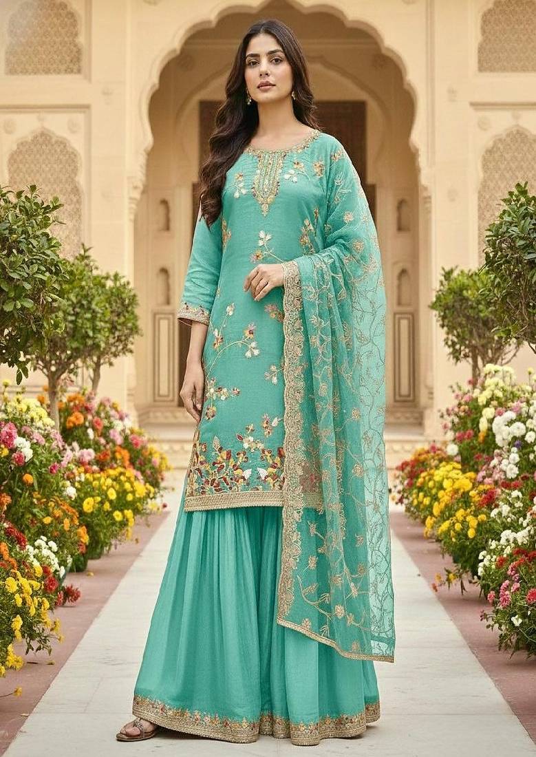 Teal blue embroidered salwar suit