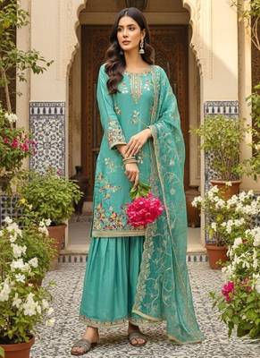 Teal blue embroidered salwar suit 3