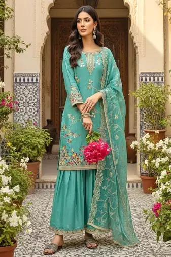 Teal blue embroidered salwar suit