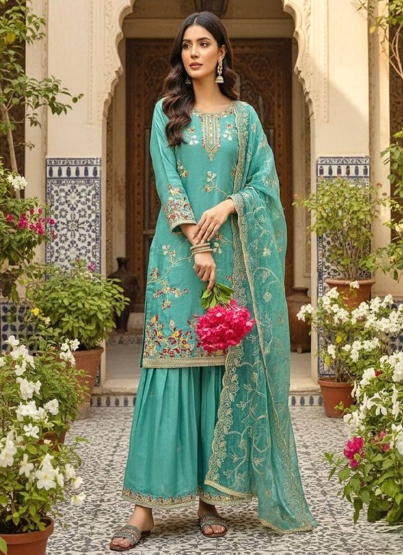 Teal blue embroidered salwar suit