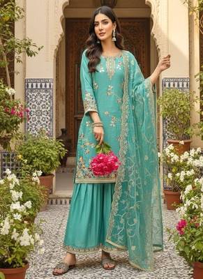 Teal blue embroidered salwar suit 4