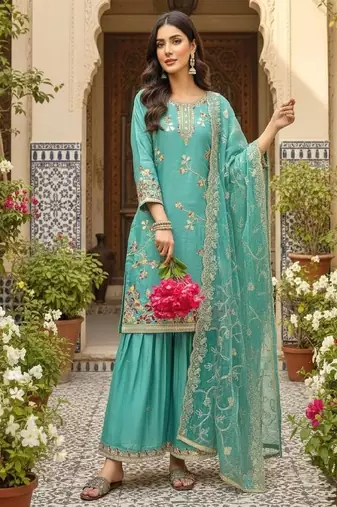 Teal blue embroidered salwar suit