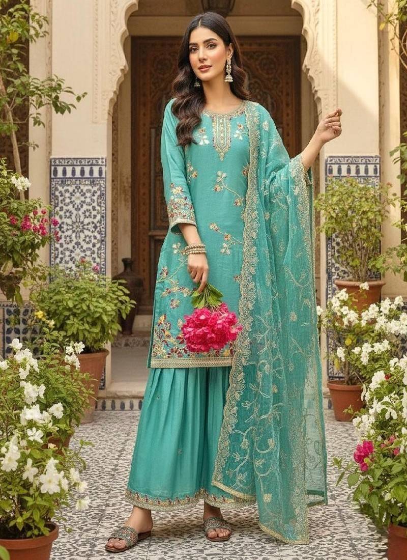 Teal blue embroidered salwar suit