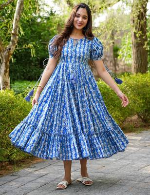 Blue digital printed rayon fit & flare maxi dress 1