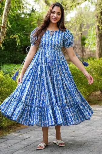 Blue digital printed rayon fit & flare maxi dress