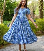 Blue digital printed rayon fit & flare maxi dress