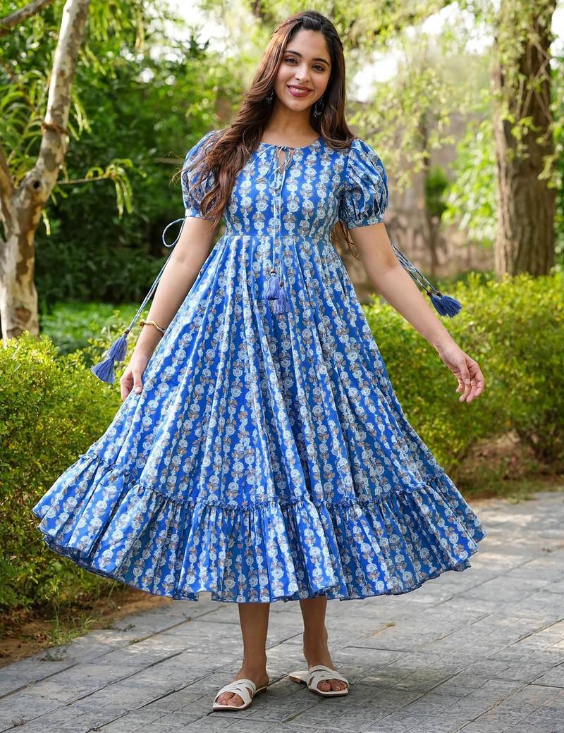 Blue digital printed rayon fit & flare maxi dress