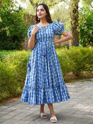 Blue digital printed rayon fit & flare maxi dress 2