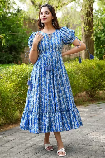 Blue digital printed rayon fit & flare maxi dress