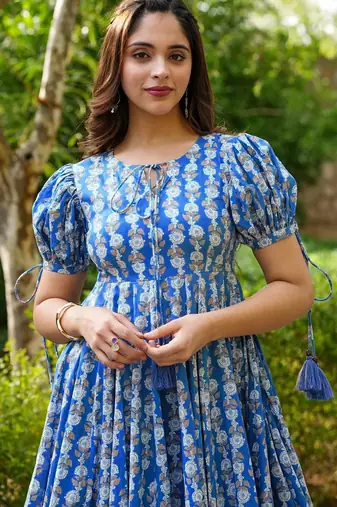 Blue digital printed rayon fit & flare maxi dress
