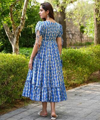 Blue digital printed rayon fit & flare maxi dress 4
