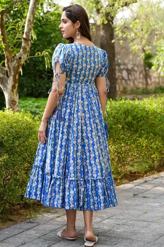 Blue digital printed rayon fit & flare maxi dress