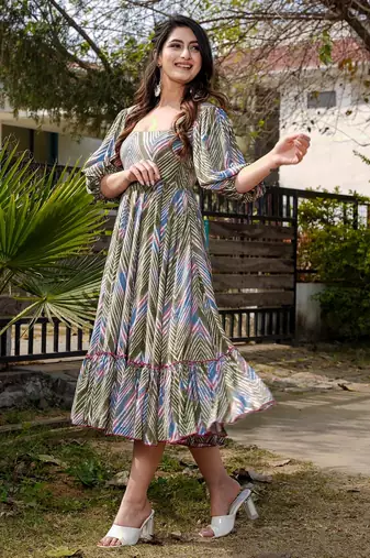 Multicolor digital printed rayon fit & flare maxi dress