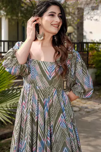 Multicolor digital printed rayon fit & flare maxi dress
