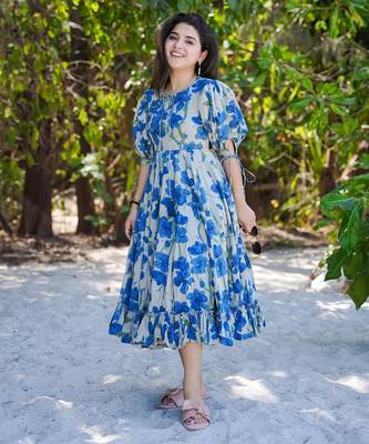 Blue digital printed rayon fit & flare maxi dress 1