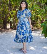Blue digital printed rayon fit & flare maxi dress