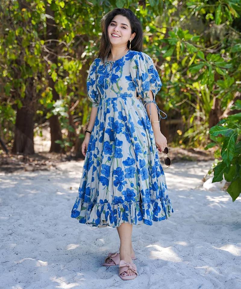 Blue digital printed rayon fit & flare maxi dress