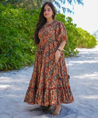 Multicolor digital printed rayon fit & flare maxi dress 1