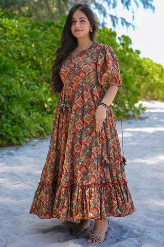 Multicolor digital printed rayon fit & flare maxi dress