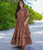 Multicolor digital printed rayon fit & flare maxi dress