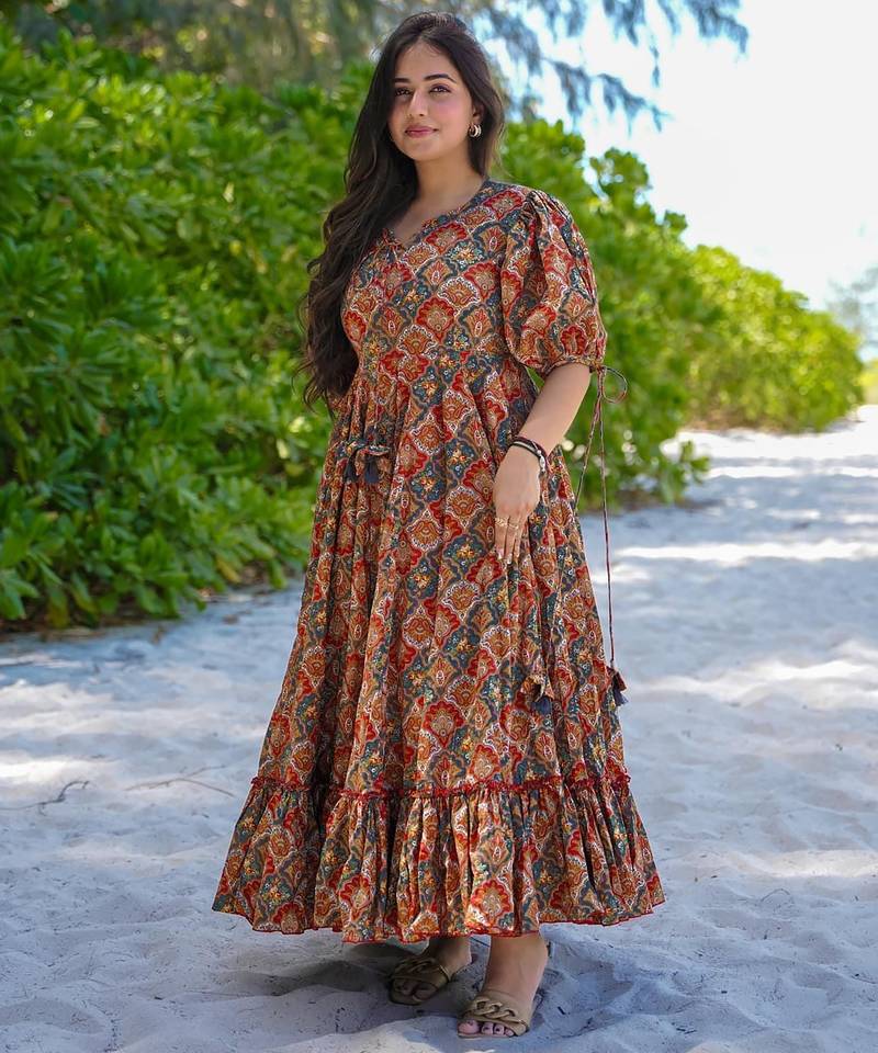 Multicolor digital printed rayon fit & flare maxi dress