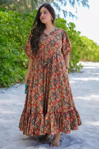 Multicolor digital printed rayon fit & flare maxi dress