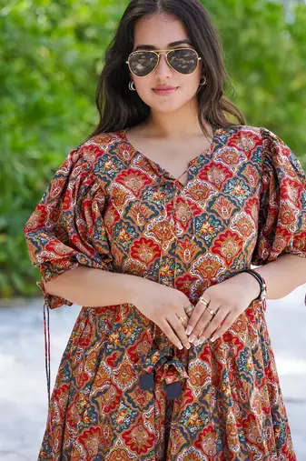 Multicolor digital printed rayon fit & flare maxi dress