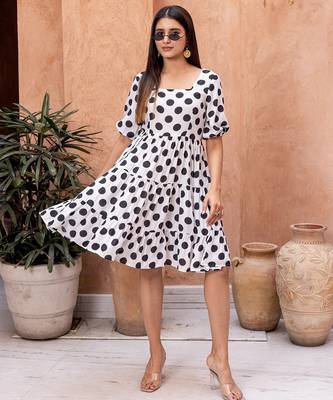 Black digital printed rayon fit & flare dress 1