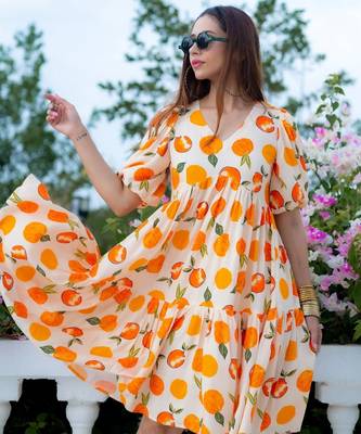Orange digital printed rayon fit & flare dress 2