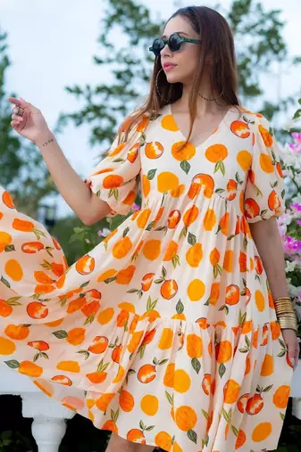 Orange digital printed rayon fit & flare dress