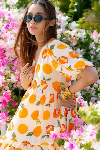 Orange digital printed rayon fit & flare dress