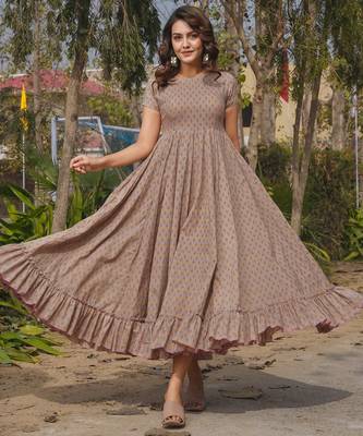 Grey digital printed rayon fit & flare long dress 1