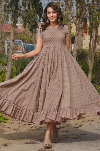 Grey digital printed rayon fit & flare long dress