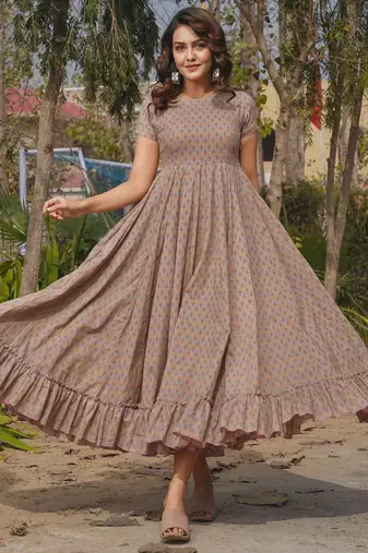 Grey digital printed rayon fit & flare long dress