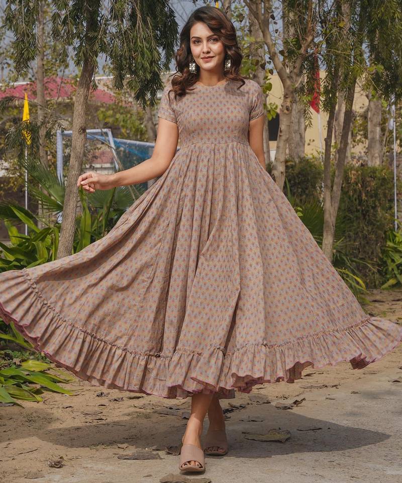 Grey digital printed rayon fit & flare long dress