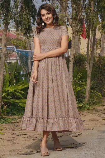 Grey digital printed rayon fit & flare long dress