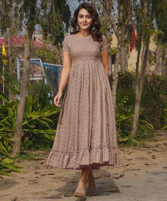 Grey digital printed rayon fit & flare long dress 3