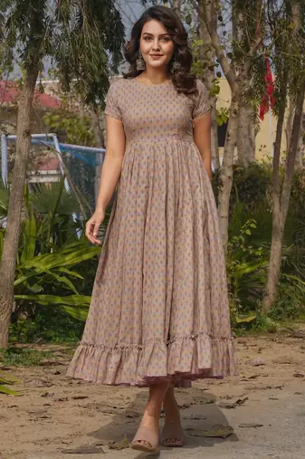 Grey digital printed rayon fit & flare long dress