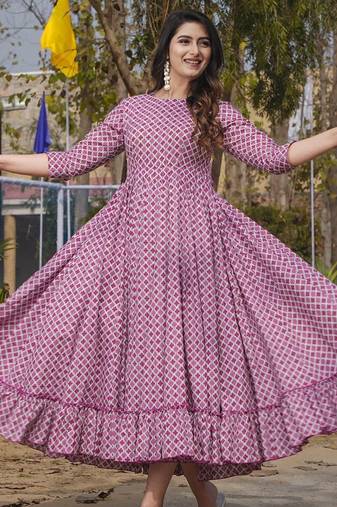 Wine digital printed rayon fit & flare long dress